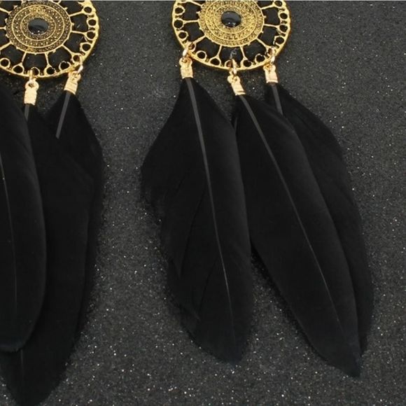 NEW MEDIALION BLACK FEATHER EARRINGS - Picture 3 of 4